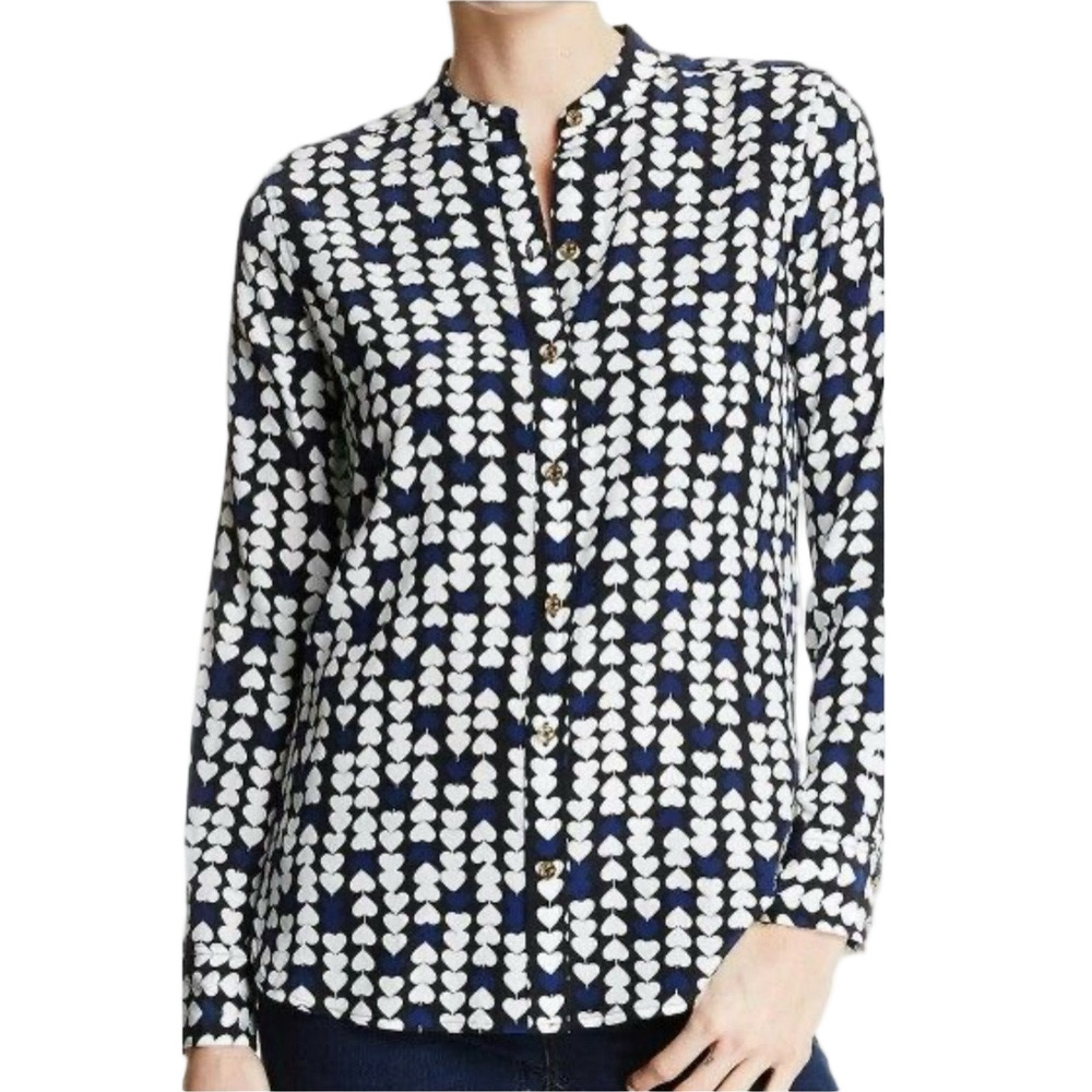 🎟️C.Wonder Navy and White Heart-Print Button Front blouse size XL GUC